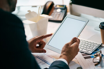 Poster - Business, man and hands with tablet screen at office research, communication and connection. Male employee, closeup and mockup space on internet or online for email with planning for project