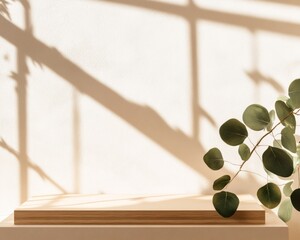 Aufkleber - Minimalist Bamboo Podium Against Beige Background with Green Foliage in Soft Natural Light – Monochromatic, Organic Contrast for Product Display Concept
