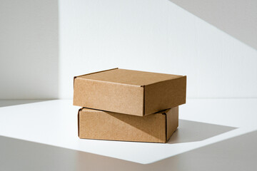 Freshly packed cardboard boxes resting on a white surface, illuminated by soft natural light