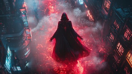 Wall Mural - A mysterious figure in a dark cloak hovers above a vibrant, neon-lit cityscape, surrounded by red fog and glowing lights.