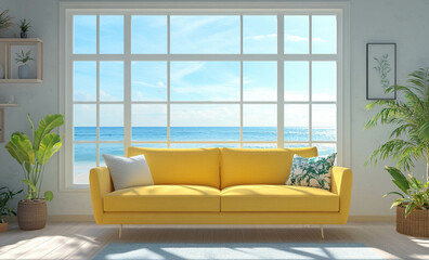 Canvas Print - A modern and comfortable light yellow sofa in an empty living room with a wooden floor and bright window with a light blue ocean view