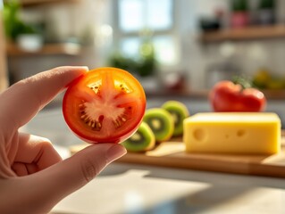 Wall Mural - A single hand presents a juicy tomato slice against a warm kitchen backdrop with a block of cheese and sliced kiwi, promoting a welcoming atmosphere for meal preparation