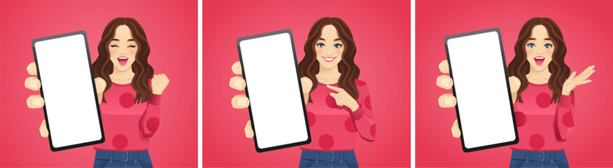 Set of young beautiful woman with curly hair and showing blank phone screen. Vector illustration on red pink backgrounds