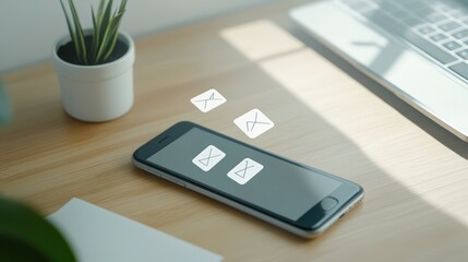 Poster - Smartphone on a desk showing messaging app symbols. Focus on digital communication in a modern workplace environment.