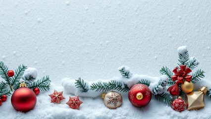 Wall Mural - Red and gold Christmas ornaments nestled in snow.