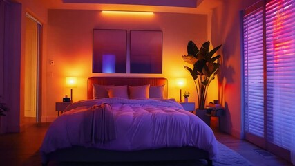 Fototapete - A beautifully styled bedroom in the evening, showcasing a comfortable bed with soft linens, warm lamps, and vibrant colors from lighting. Lush plants add a calming touch to the decor.