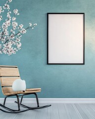 Poster - Modern Cozy Interior with Frosty Blue Concrete Wall and Empty Poster Mockup in Natural Light
