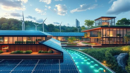 Canvas Print - Sustainable living in a modern home with solar panels and wind turbines.