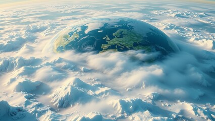 Wall Mural - A globe of Earth peeks over a layer of clouds and snowy mountains.