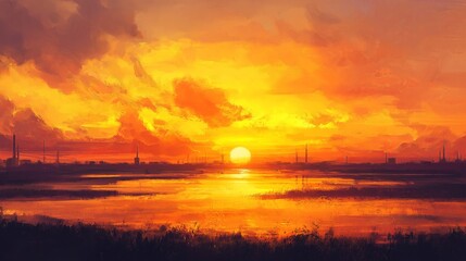 Poster - a breathtaking sunset with warm tones, casting a golden glow over a serene landscape