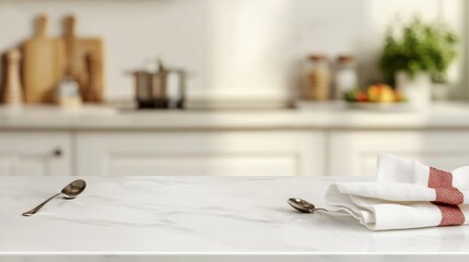 Aufkleber - Minimalist White Marble Table in Contemporary Kitchen - Ideal for Product Display - Bright, Modern, and Clean Atmosphere