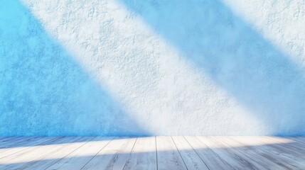 Poster - Interior Wooden Floor and Frosty Blue Concrete Wall with Subtle Light and Shadows in a Calm and Serene Minimalistic Setting