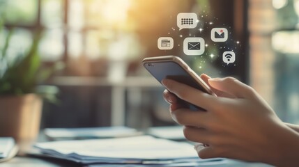 Poster - Young woman using her smartphone for social media management with digital icons around.
