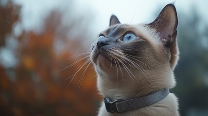 A Curious Siamese Cat Looking Up with a Blurry Autumn Background