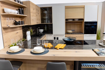 Minimalistic modern wooden panel kitchen interior