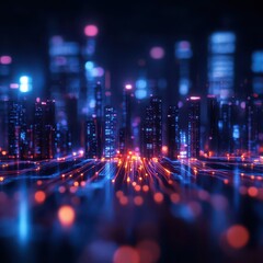 Futuristic urban skyline with glowing lights and vibrant colors, representing a digital city landscape.