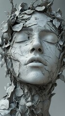 Wall Mural - Abstract Surreal Sculpture of a Human Face with Roots and Leaves