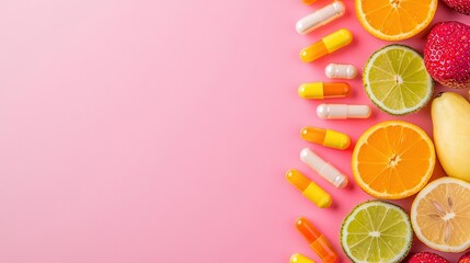 Colorful vitamin capsules and fresh fruits arranged in a symmetrical flatlay, vibrant and healthy concept, vitamin background, nutrition flatlay