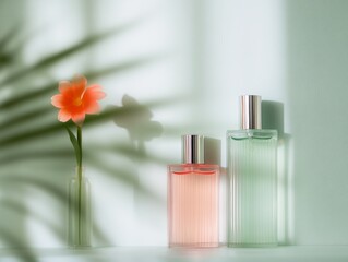 Aufkleber - Single Red Flower in Pink Vase with Green Leaf Shadows and Symmetrical Perfume Bottles in Abstract Blurry Background, High-Definition, Soft Gentle Tones, Morning Light