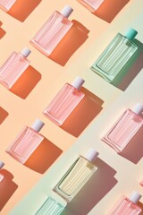 Poster - Pastel Spring Mood Symmetrical Layout of Pink and Green Perfume Bottles on Gradient Background with Soft Shadows