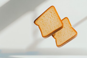 contemporary product catalog two levitating light brown bread slices with dynamic shadows against br