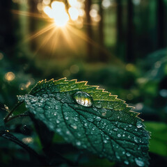 A close-up of a green leaf covered in water droplets, perfect for creating refreshing and natural designs