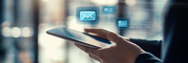 Poster - Professional sending emails via smartphone, emphasizing business communication.