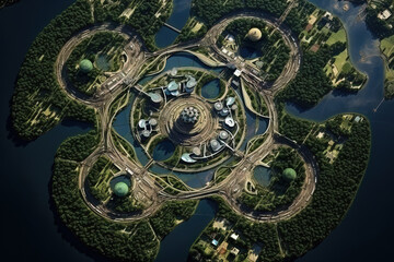 Wall Mural - Futuristic city aerial view at sunny day. Round structure of sci-fi metropolis from the bird view