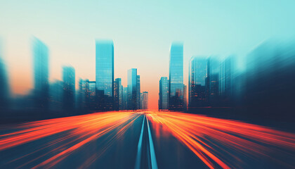 Poster - Blurred city skyline with moving lights at dusk.