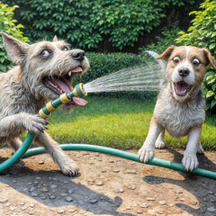 Two dogs interact with a garden hose spraying the other with a look of revenge while the other looks shocked