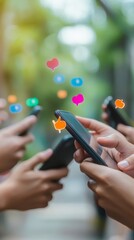 Poster - Wide angle view of people using smartphones, social media applications visible. Connectivity and modern lifestyle theme.