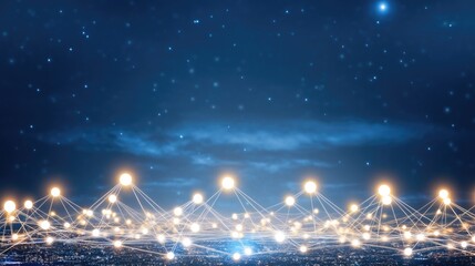 Poster - A vibrant display of interconnected lines illustrates global internet connections across the Earth’s surface, glowing with blue and white lights under a night sky filled with stars