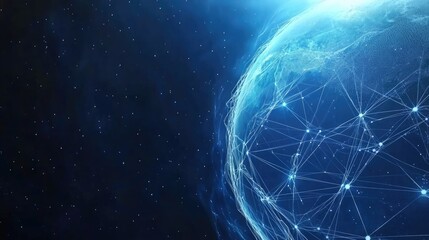 Poster - A vibrant display of interconnected lines illustrates global internet connections across the Earth’s surface, glowing with blue and white lights under a night sky filled with stars