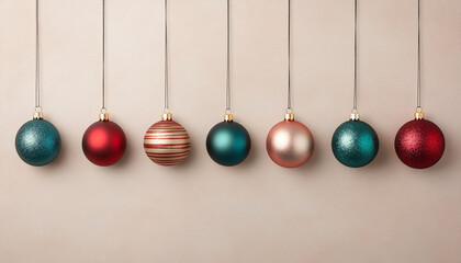 Poster - Colorful Christmas ornaments hanging against a beige background.