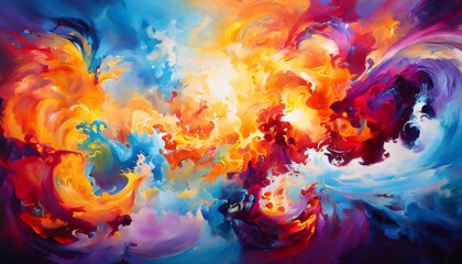 A vivid abstract art piece featuring an explosive swirl of bright colors including reds, oranges, blues, and purples. The dynamic motion and fluidity create a sense of energy and movement, ideal for