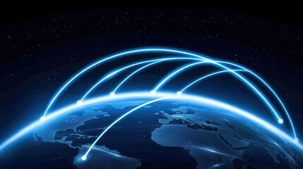 Poster - A vibrant display of interconnected lines illustrates global internet connections across the Earth’s surface, glowing with blue and white lights under a night sky filled with stars