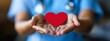 © NN AI - Heart specialist doctor hands holding red miniature Heart with both hands on white background. Organ donation, wellbeing family insurance, CSR concept, world heart day, world health