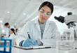© peopleimages.com - Laboratory, woman and scientist with clipboard for notes, writing treatment and planning for experiment. Healthcare, female expert or doctor with analysis for study test, checklist and medical report
