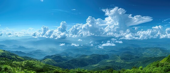 Wall Mural - A panoramic view of a blue sky with fluffy white clouds, creating a calming effect. Free copy space for text.