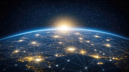 Poster - A vibrant display of interconnected lines illustrates global internet connections across the Earth’s surface, glowing with blue and white lights under a night sky filled with stars