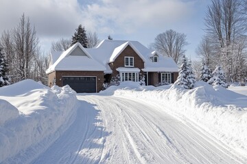 Snow removal on modern house's driveway after intense winter blizzard