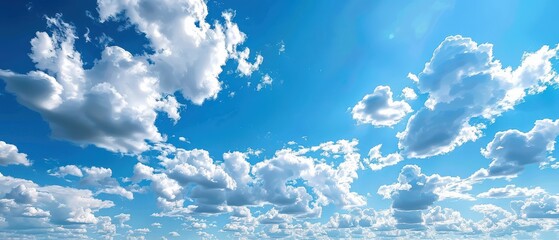 Wall Mural - A panoramic view of a blue sky with fluffy white clouds, creating a calming effect. Free copy space for text.