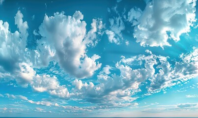 Wall Mural - A panoramic view of a blue sky with fluffy white clouds, creating a calming effect. Free copy space for text.