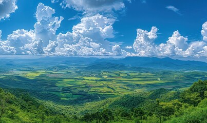 Wall Mural - A panoramic view of a blue sky with fluffy white clouds, creating a calming effect. Free copy space for text.