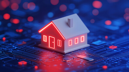 Poster - House model on digital circuit board, blue red glowing lights.