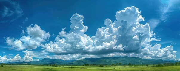 Wall Mural - A panoramic view of a blue sky with fluffy white clouds, creating a calming effect. Free copy space for text.