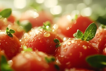 Fresh red tomatoes with water droplets and herbs