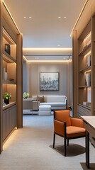 Wall Mural - This living room combines modern design with comfort, showcasing light wood cabinetry, a cozy white sofa, and an orange armchair, all illuminated by natural daylight