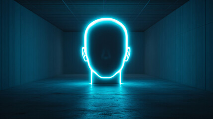 Poster - Neon head sculpture in a dark, futuristic environment