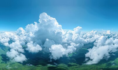 Wall Mural - A panoramic view of a blue sky with fluffy white clouds, creating a calming effect. Free copy space for text.